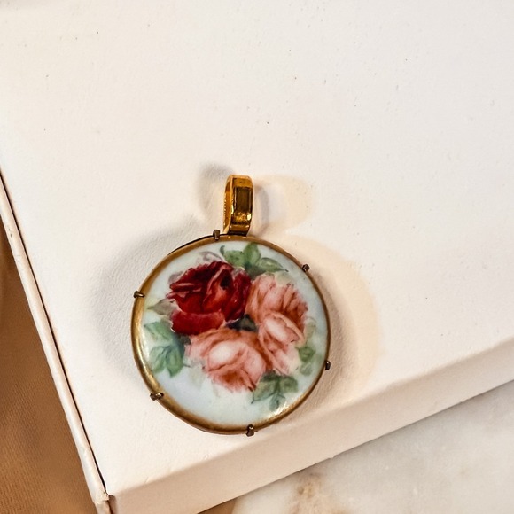 Antique Hand Painted Porcelain Rose Pendant - Picture 3 of 5